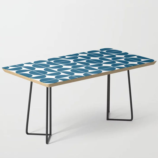Mid Century Modern Geometric 04 Blue Coffee Table by The Old Art Studio with black steel legs – abstract geometric furniture ideal for restaurant lounges, boutique hotels, and modern café interiors