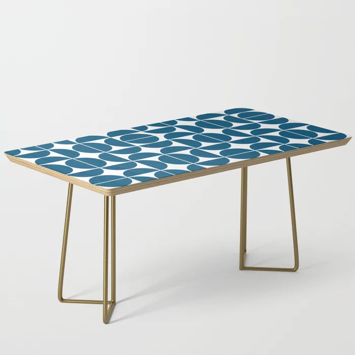 Mid Century Modern Geometric 04 Blue Coffee Table by The Old Art Studio with gold steel legs – elegant mid-century inspired table perfect for hotel lobbies, bar seating areas, and upscale cafés