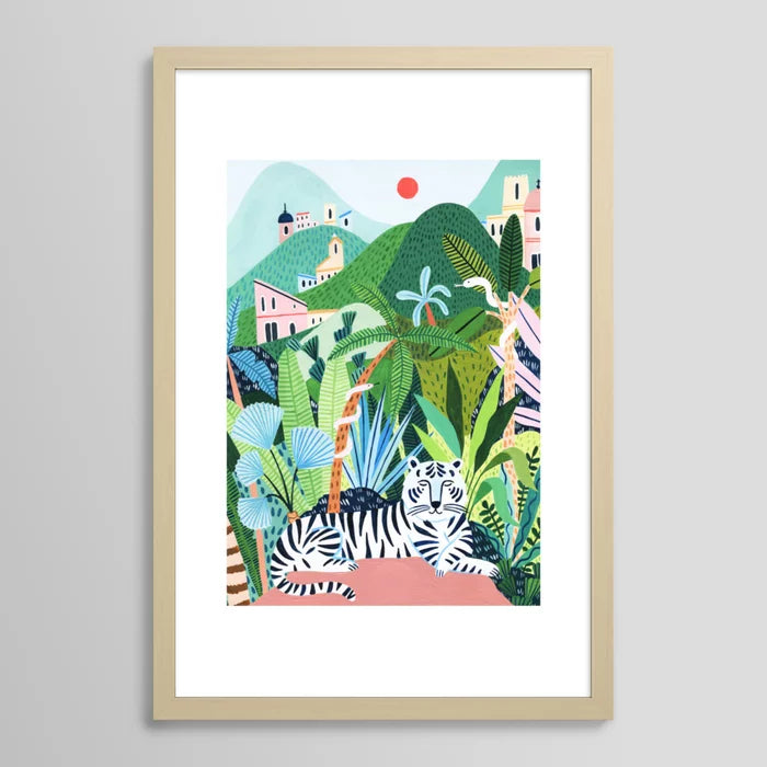 Minimal abstract modern art print in light maple frame highlighting natural wood texture and minimalist interior style.