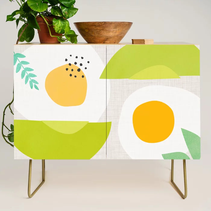 Minimal Avocado and Eggs Condiment Bar by Modern Tropical with gold steel legs – colorful modern food service cabinet perfect for hotels, bars, and contemporary cafés