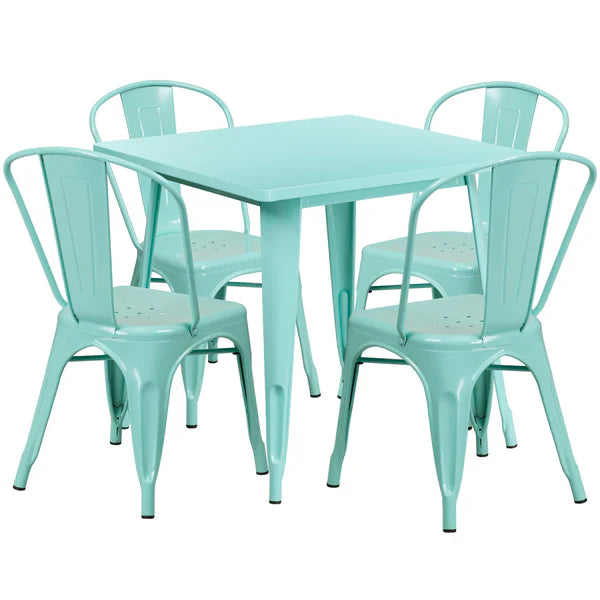 Mint green metal indoor outdoor restaurant table and chair set for cafés and hotel patios