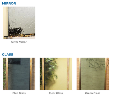 swatch showing  mirror and glass with labeled selection options.