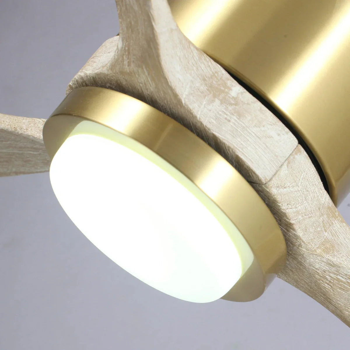 Sand gold ceiling fan with reversible wood blades and integrated smart Wi-Fi module