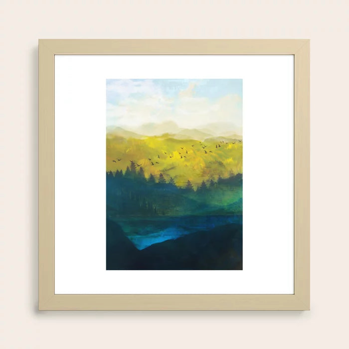 Mountain Lake Art Print by Nadja in maple frame, warm wood landscape wall art designed for lakeside restaurants, boutique hotels, and rustic cafés.