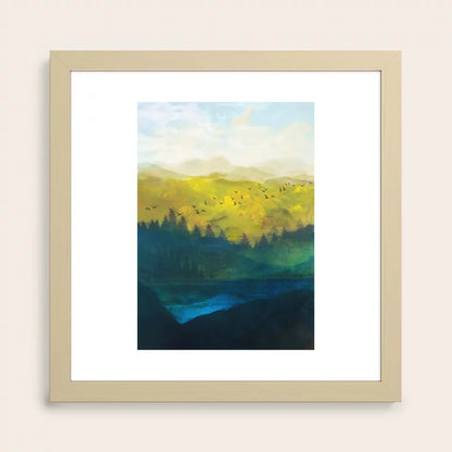 Mountain Lake Art Print by Nadja in maple frame, warm wood landscape wall art designed for lakeside restaurants, boutique hotels, and rustic cafés.