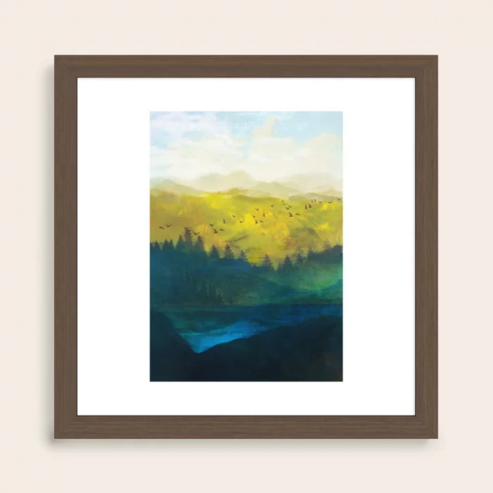 Mountain Lake Art Print by Nadja in walnut frame, sophisticated landscape wall décor suited for fine dining restaurants, hotel lounges, and upscale bars.