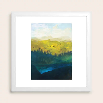 Mountain Lake Art Print by Nadja in white frame, bright and minimal landscape art perfect for hotel suites, resort lobbies, and café walls.