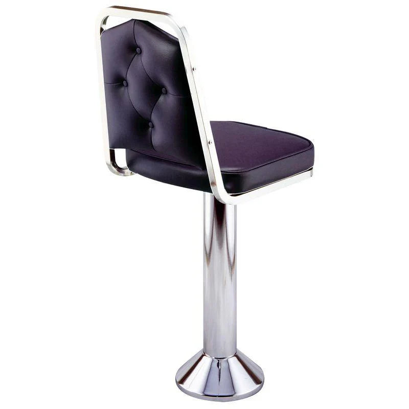 Front view of mounted bar stool with chrome column, tufted backrest, and swivel seat, designed for modern diner interiors.