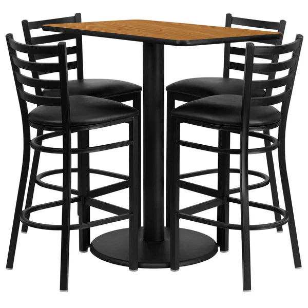 Natural laminate bar table set with black ladder back barstools for restaurants, bars, and cafés