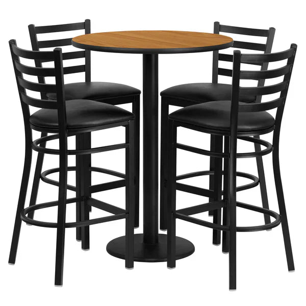 Natural laminate bar table set with black ladder back barstools for restaurants and cafés.