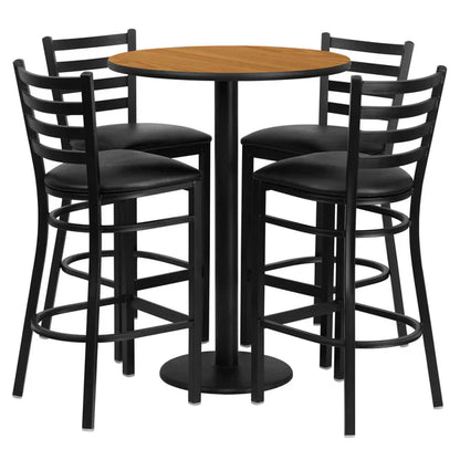 Natural laminate bar table set with black ladder back barstools for restaurants and cafés.