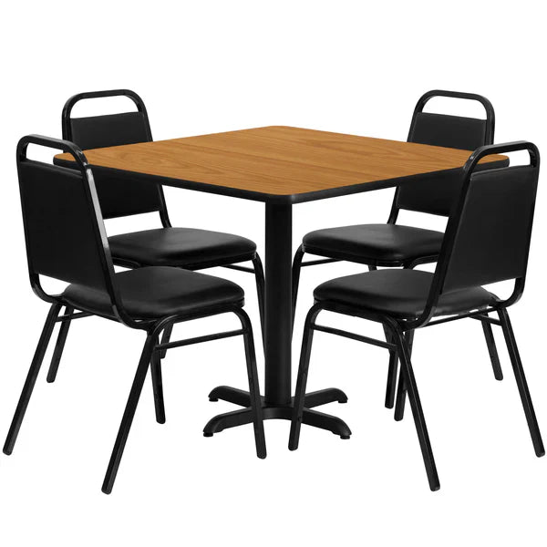 Natural laminate table set with black banquet chairs for restaurants and cafés