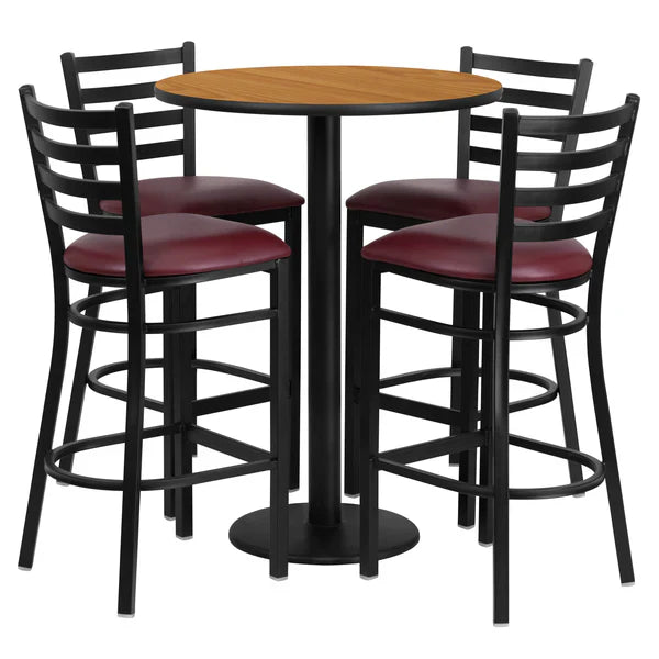 Natural laminate bar table set with burgundy ladder back barstools for cafés and restaurants.