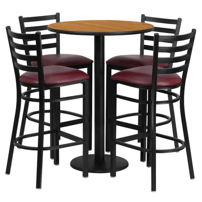 Natural laminate bar table set with burgundy ladder back barstools for cafés and restaurants.
