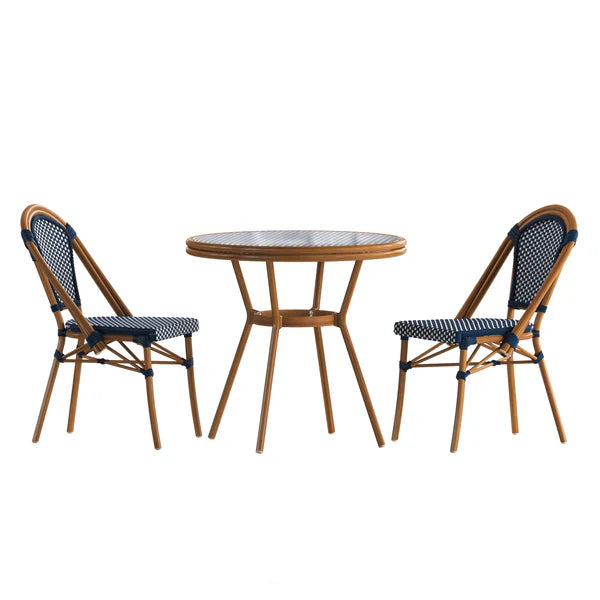Navy and white rattan bistro table set with natural bamboo-look frame for cafés, hotels, and restaurant patios