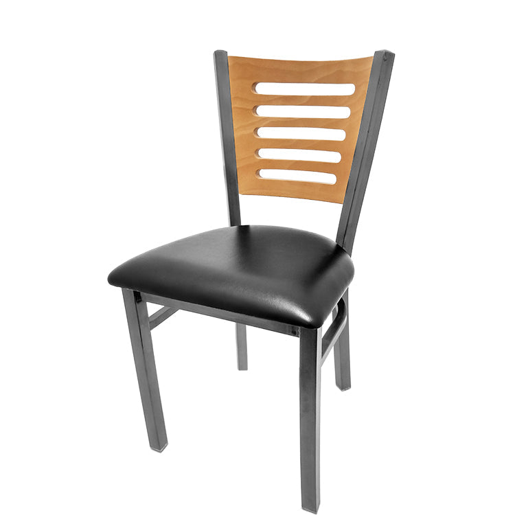 Chair with wooden backrest and black seat on a white background