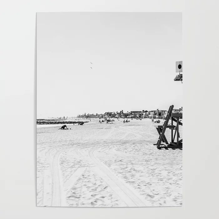 Newport Beach Lifeguard Tower Poster by DesertxPalm featuring modern black and white beach photography with vintage coastal aesthetic