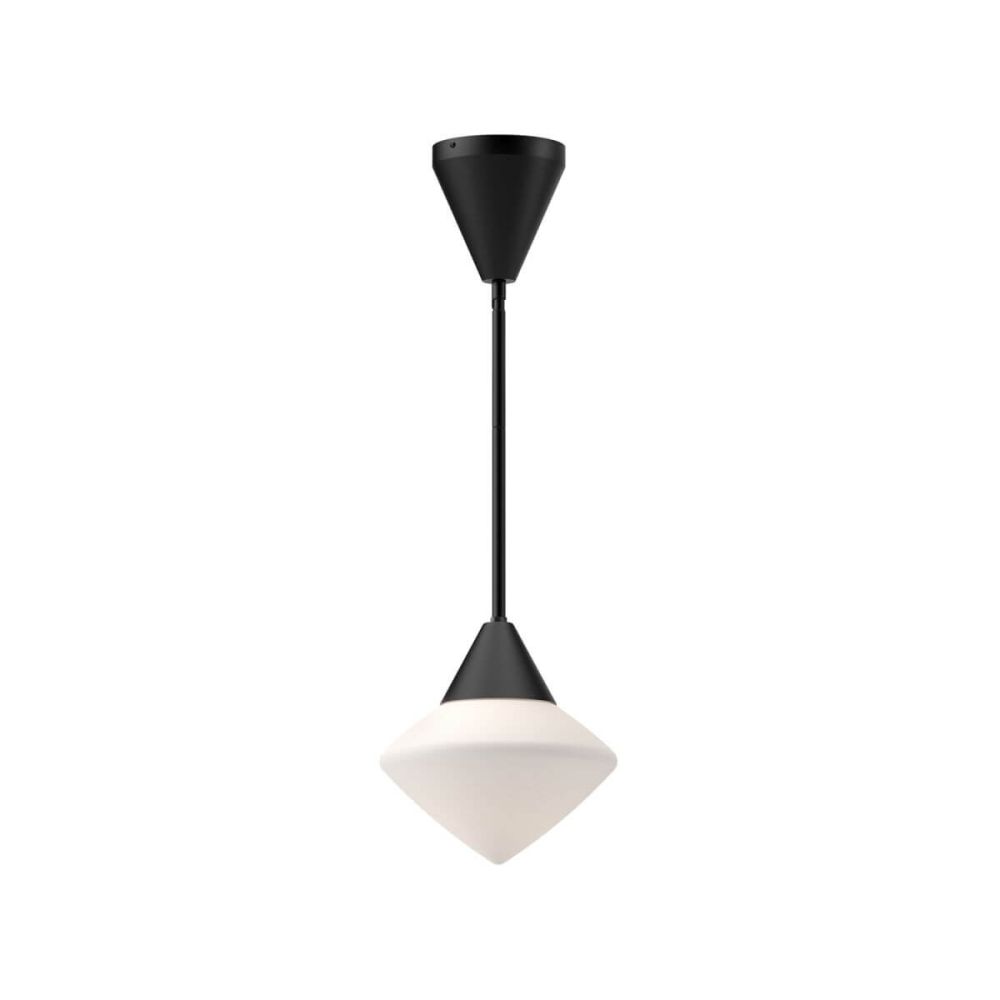Black metal Nora schoolhouse pendant featuring a star-shaped opal glass shade, blending mid-century design with modern style.