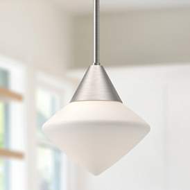 Modern schoolhouse pendant from the Nora collection with a silver metal finish and star-shaped opal glass shade, inspired by vintage 1950s lighting.