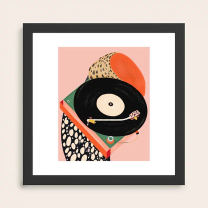 Nostalgic Grooves Art Print by Artsy Sesta in a black hardwood frame, featuring retro-inspired wall art perfect for cafés, hotel lounges, and restaurant interiors.