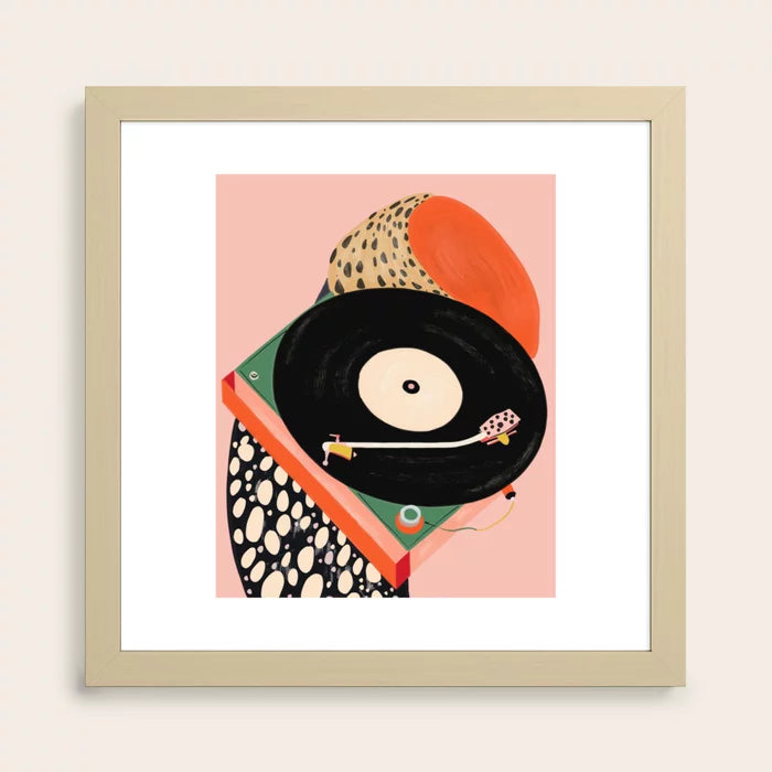ostalgic Grooves Art Print by Artsy Sesta in a maple wood frame, retro music-inspired print for stylish bars, cafés, and boutique hospitality spaces.