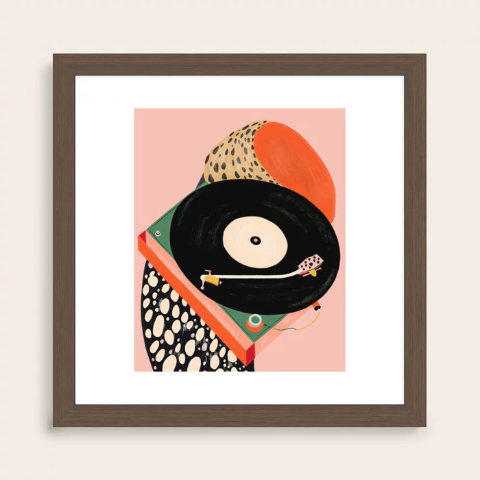 Nostalgic Grooves Art Print by Artsy Sesta in a walnut hardwood frame, warm-toned vintage art print perfect for hotels, restaurants, and coffee houses.