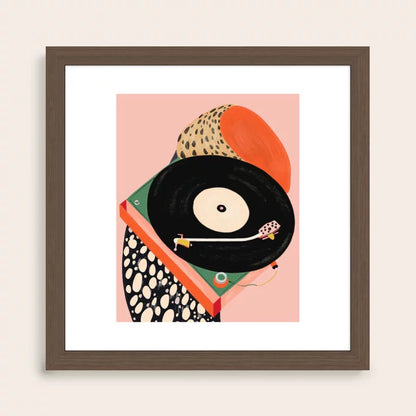 Nostalgic Grooves Art Print by Artsy Sesta in a walnut hardwood frame, warm-toned vintage art print perfect for hotels, restaurants, and coffee houses.