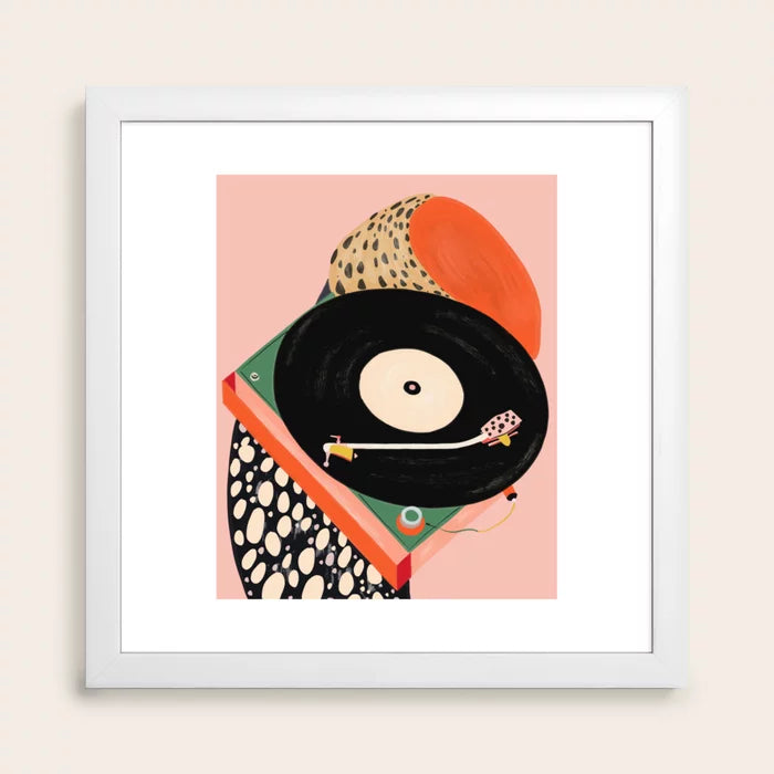 Nostalgic Grooves Art Print by Artsy Sesta in a white hardwood frame, contemporary wall art ideal for boutique hotels, cafés, and restaurant walls.