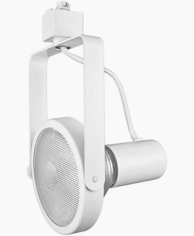 White NTH-107 PAR30 gimbal ring track head with adjustable yoke for directional lighting on single-circuit track systems.
