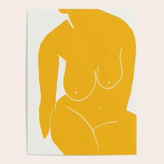 Nude in Yellow 2 Poster by Little Dean, 18x24 inches, modern minimalist artwork printed on premium gloss paper with radiant yellow tones for coffee shops and bistros