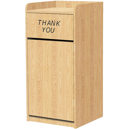 Oak laminate waste receptacle with swing door and thank you message