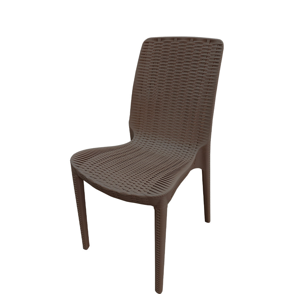 Front view of Olympus outdoor chair in café brown finish, all-weather polypropylene resin with rattan texture, stackable indoor-outdoor dining chair 34.6 inches high.