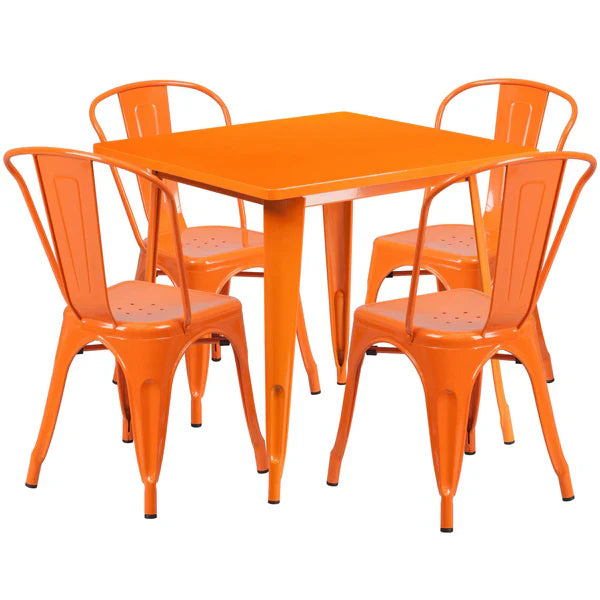 Orange metal indoor outdoor restaurant table set with four stackable chairs for hotels and cafés