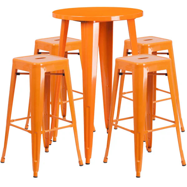 Orange metal bar table set with four backless stools for restaurants and bars