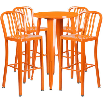Orange bar-height table set with slat back stools for restaurants and cafés