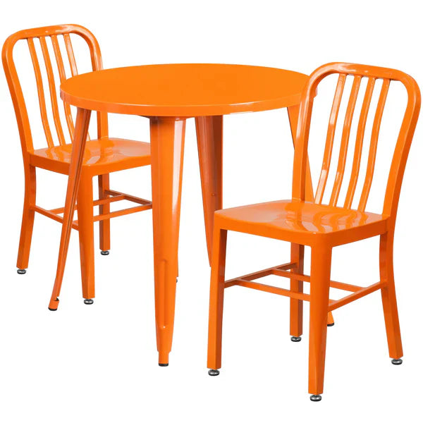 Orange metal round table set with slat back chairs for restaurants and cafés