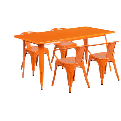 Orange metal restaurant dining set with rectangular table and arm chairs for cafés and hotels