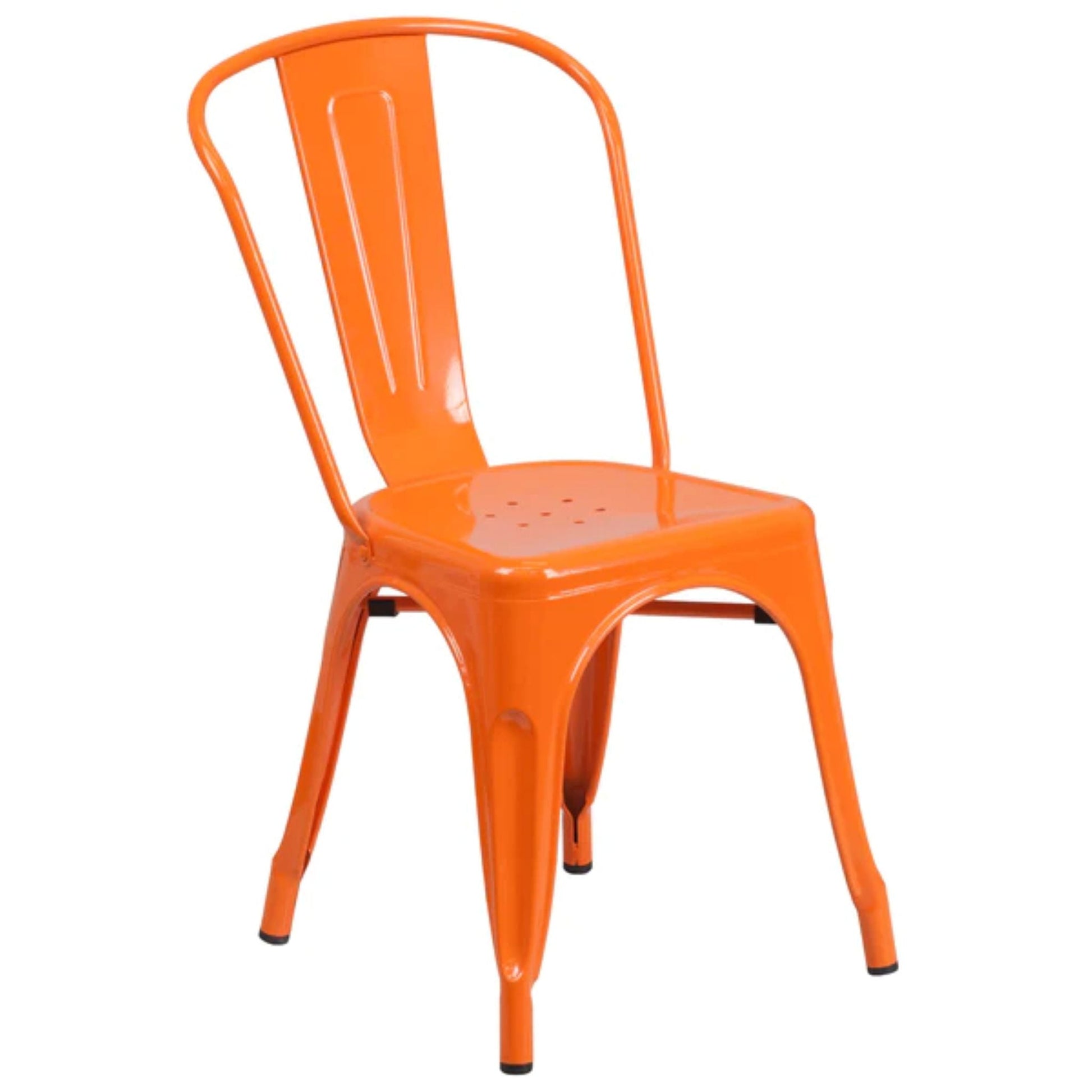 Orange metal indoor–outdoor stackable chair with slatted back and weather-resistant coating.