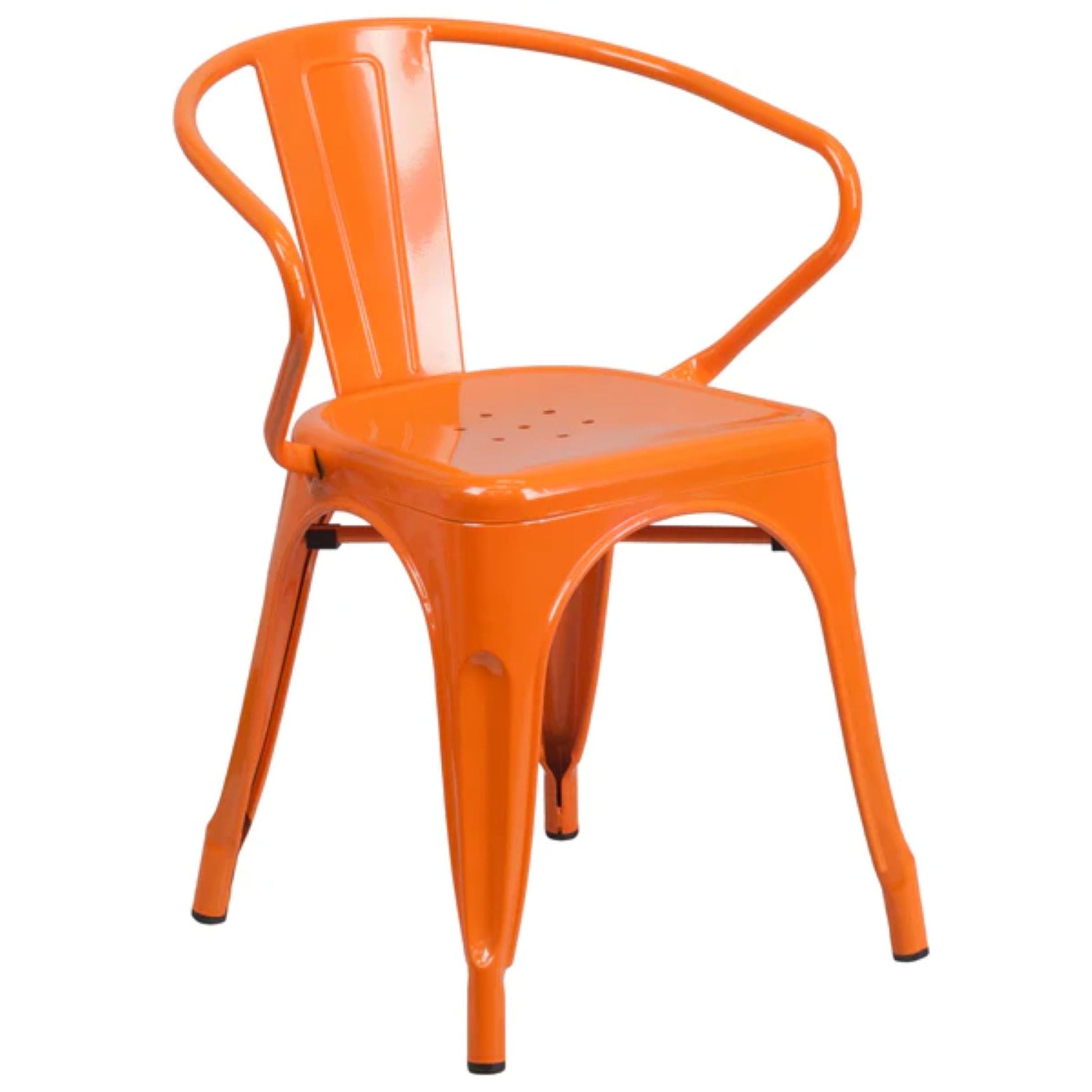 Orange powder-coated metal arm chair with vertical slat back and weather-resistant stackable frame.