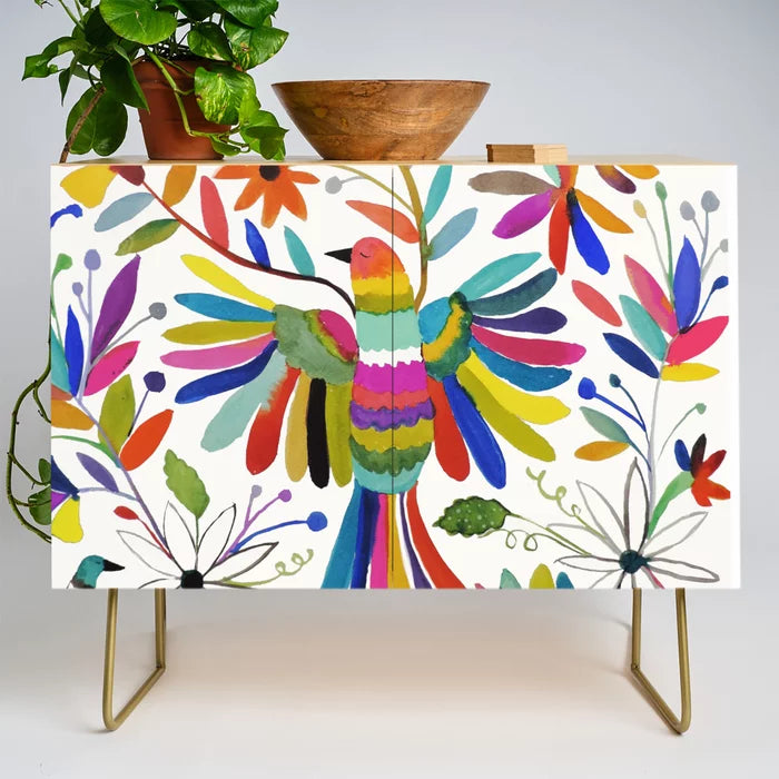 Otomi Bird Condiment Bar by Sylvie Demers with gold steel legs – colorful bird and floral design on birch, ideal for hotels, restaurant service areas, and creative cafés