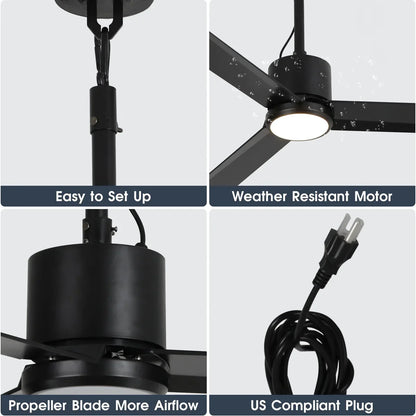 Matte black outdoor ceiling fan with energy-efficient DC motor and reversible airflow