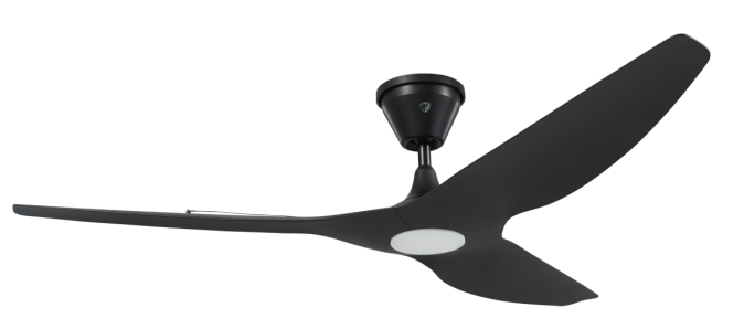 Modern ceiling fan with black blades on a white background
