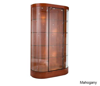 Front view of Euro Curved Glass Wall Display Case showing curved glass canopy, solid back panel, locking hinged glass door, and four adjustable glass shelves illuminated by LED top lights