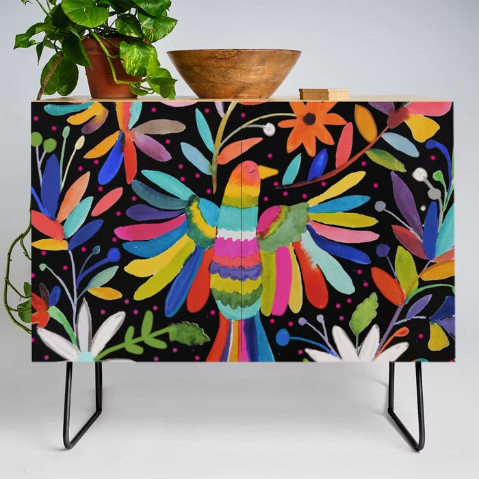 Pájaros Otomi Condiment Bar by Sylvie Demers with black steel legs – folk-art-inspired birch cabinet ideal for restaurant condiment stations, boutique hotels, and creative cafés