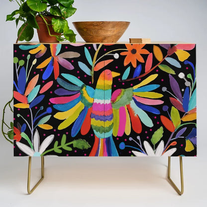 Pájaros Otomi Condiment Bar by Sylvie Demers with gold steel legs – colorful bird and floral artwork on birch, perfect for hotels, restaurants, and modern café interiors