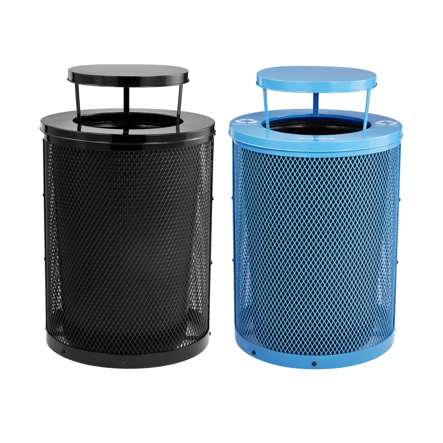 Modern steel recycling and waste bin set with weather-resistant rain bonnets
