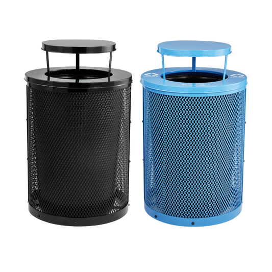 Modern steel recycling and waste bin set with weather-resistant rain bonnets