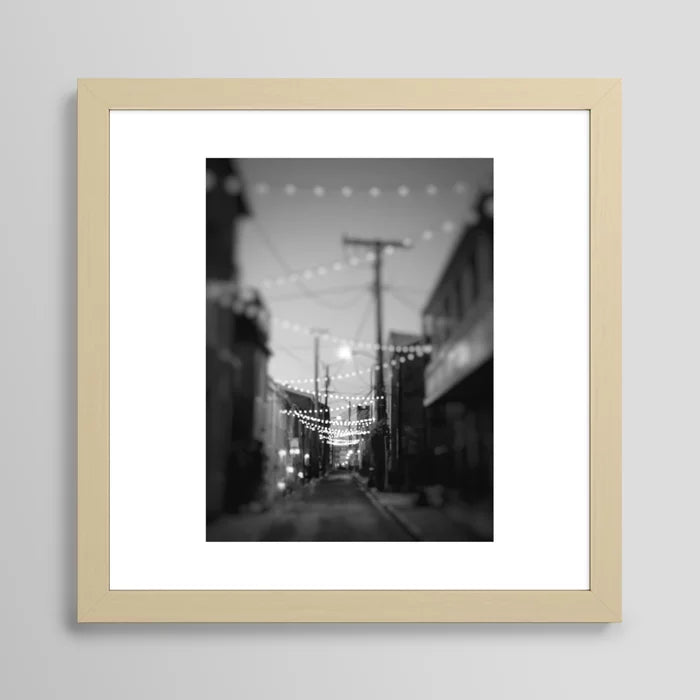 Party Lights in the City Baltimore Maryland Art Print in maple frame – warm natural wood tone adds inviting charm to bar walls, dining rooms, and hotel lobbies