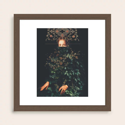 Patience II Art Print by Frank Moth in walnut wood frame, showcasing warm tones and modern surrealist artwork ideal for restaurants and cafes