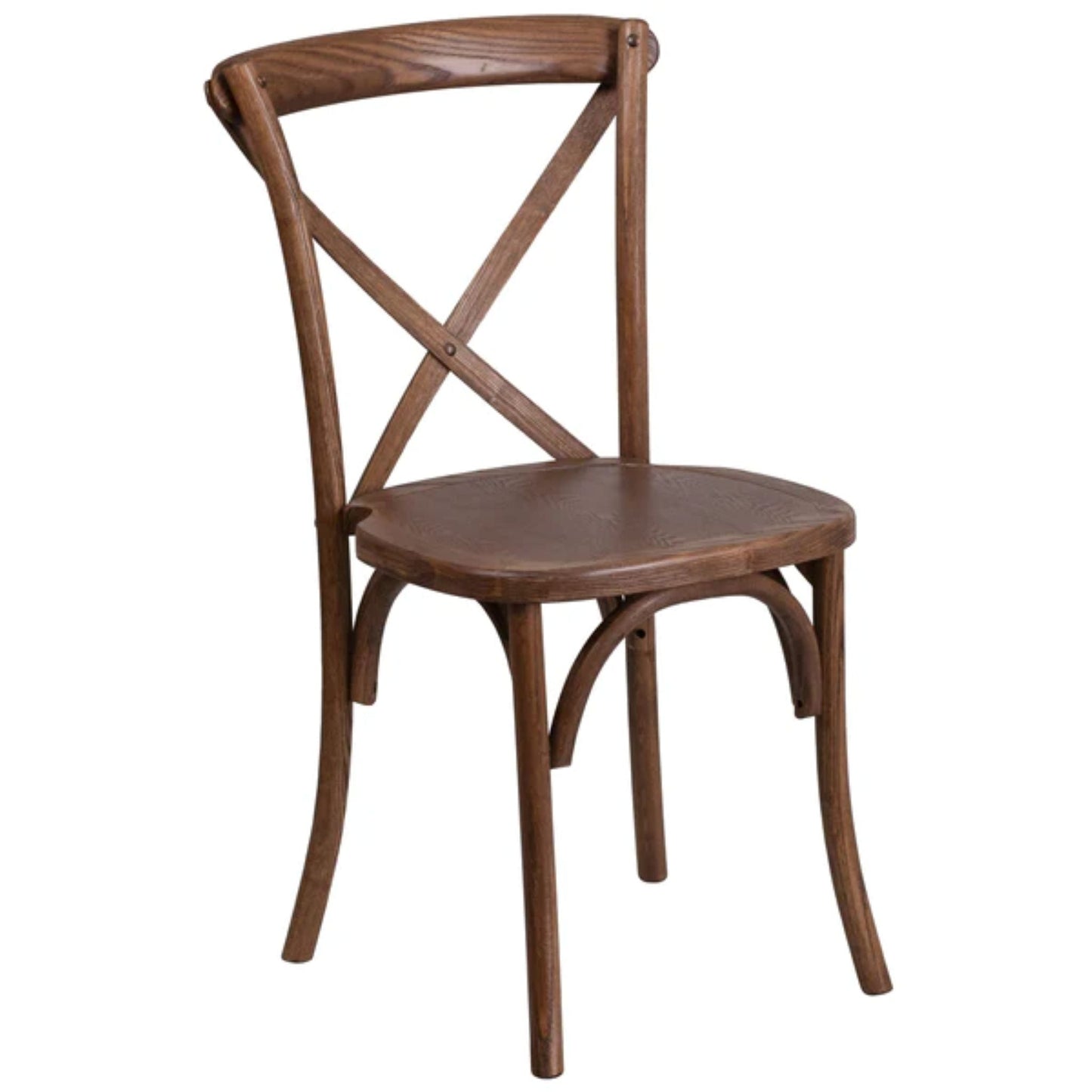 Stackable ash wood cross back chair in pecan finish with classic curved design